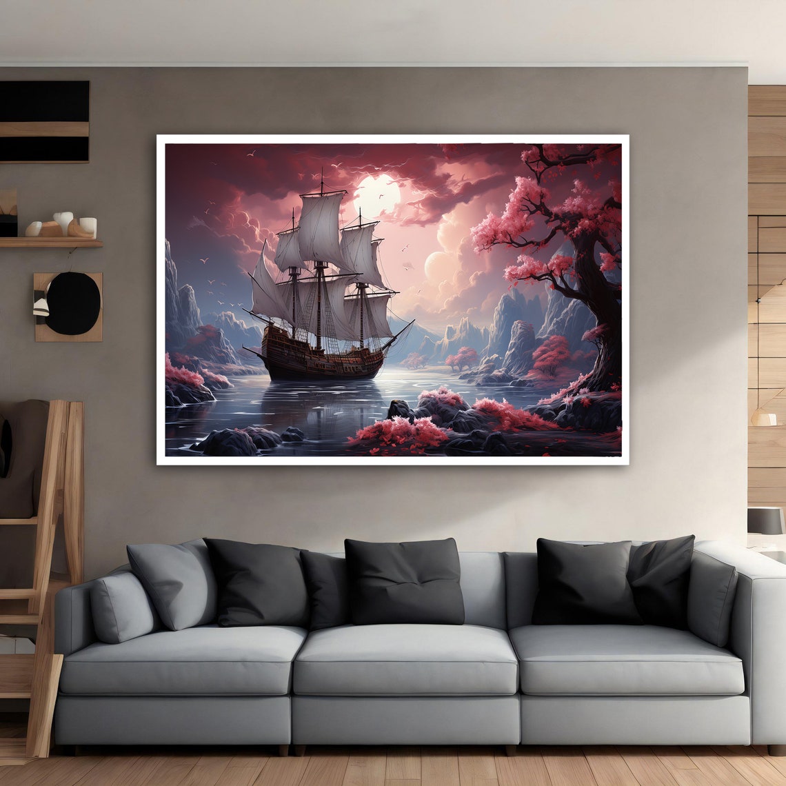 Tall Ship Pink Cherry Blossoms Fantasy Seascape Sail Art Poster - Image 4