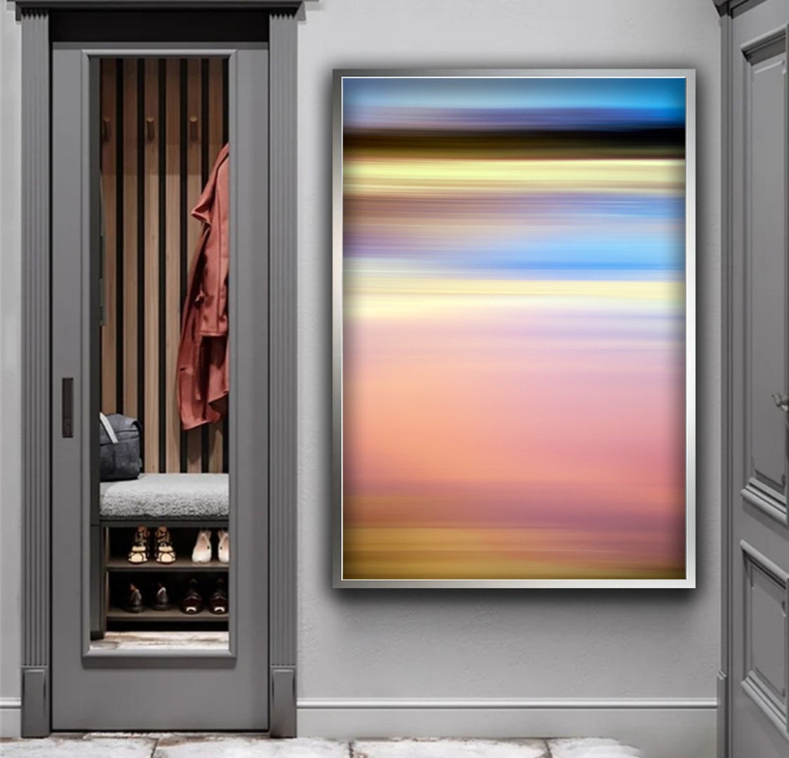 Blurred Sunset Gradient Stripes Pink Blue Gold Abstract Wall Art - Image 2
