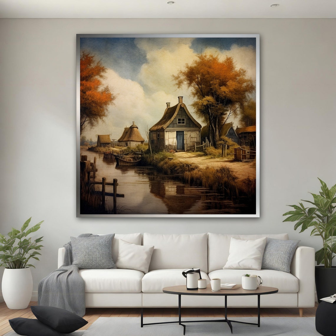 Autumn Village River Thatched Cottages Old Town Fall Art Poster - Image 4