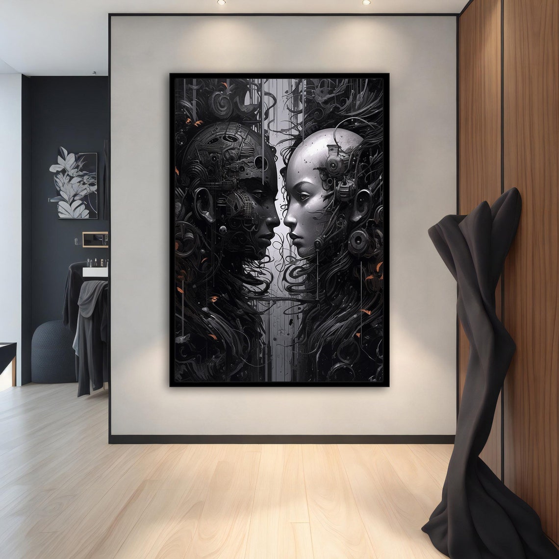 Futuristic Robot Couple Android Faces Sci Fi Digital Wall Art Print - Image 2