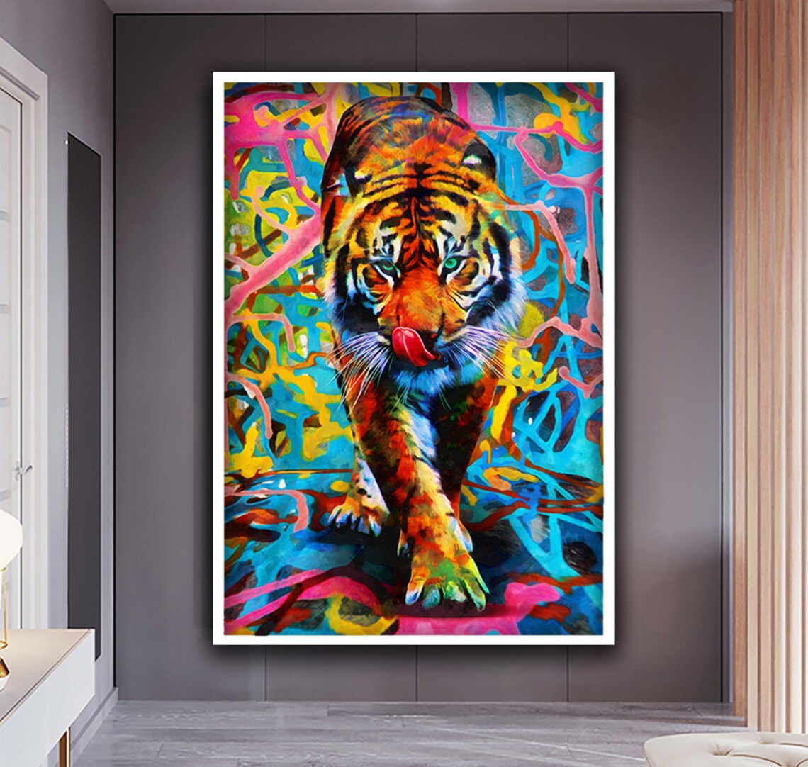Colorful Tiger Walking Neon Psychedelic Background Pop Art Animal Poster - Image 3