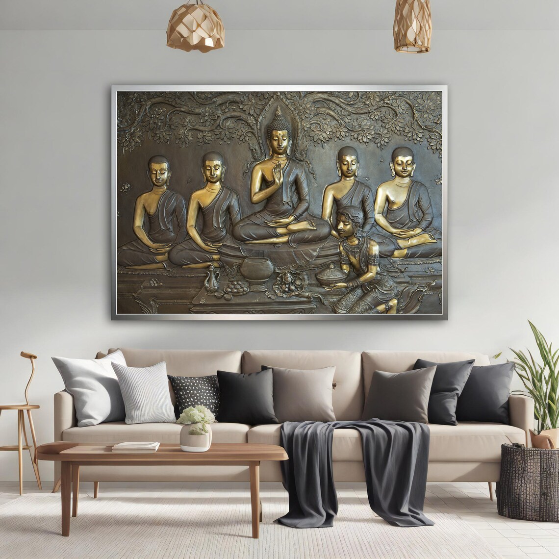 Golden Buddhas Bronze Relief Meditation Asian Spiritual Art Poster - Image 3