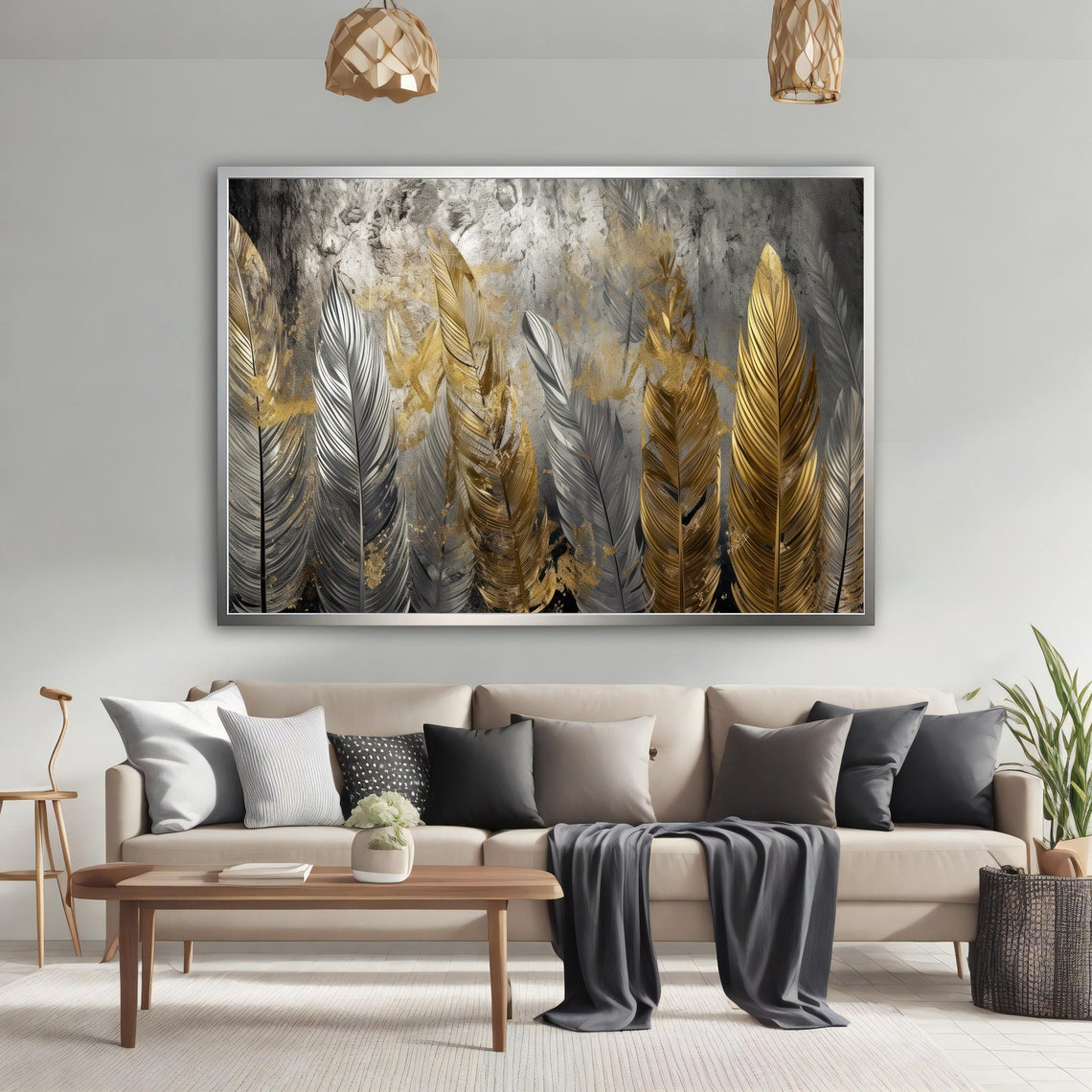Gray Gold Feathers Abstract Luxe Modern Elegant Feather Wall Art - Image 5