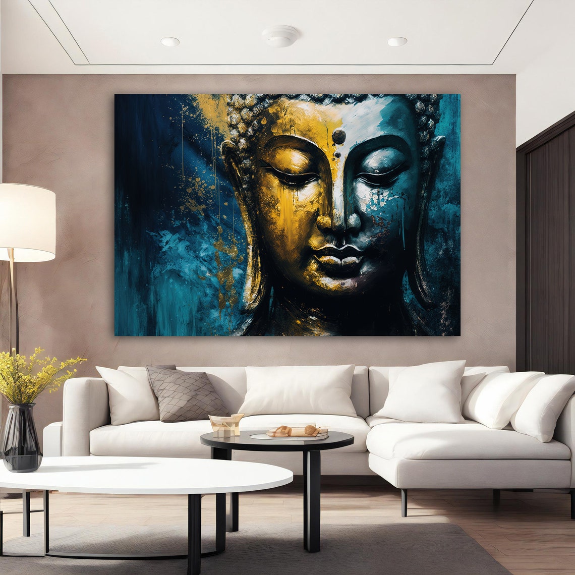 Serene Buddha Face Gold Blue Abstract Calm Meditation Poster - Image 3