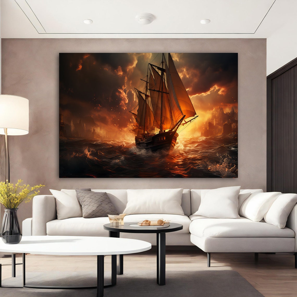 Tall Sailing Ship Fiery Storm Sea Dramatic Sunset Wall Art Poster - Image 2