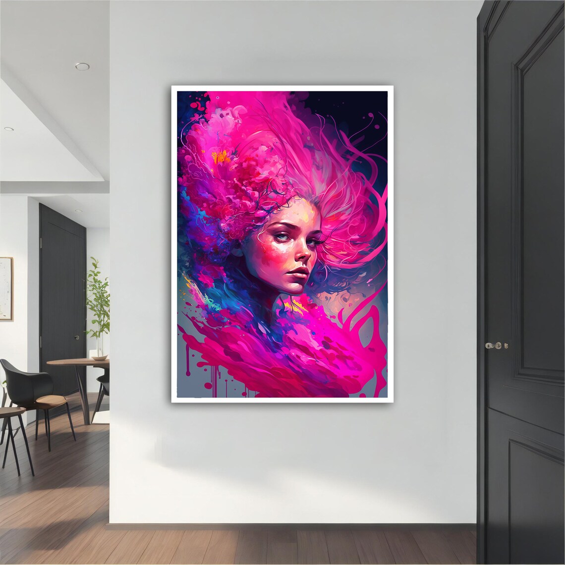 Neon Pink Paint Swirl Woman Portrait Bold Colorful Abstract Art Poster
