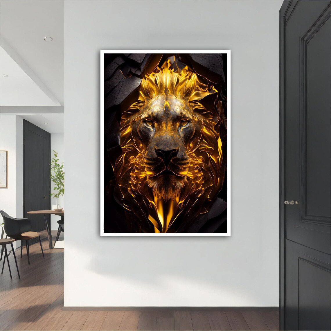 Golden Lion Breaking Through Black Stone Molten Gold Power Art Wall Poster