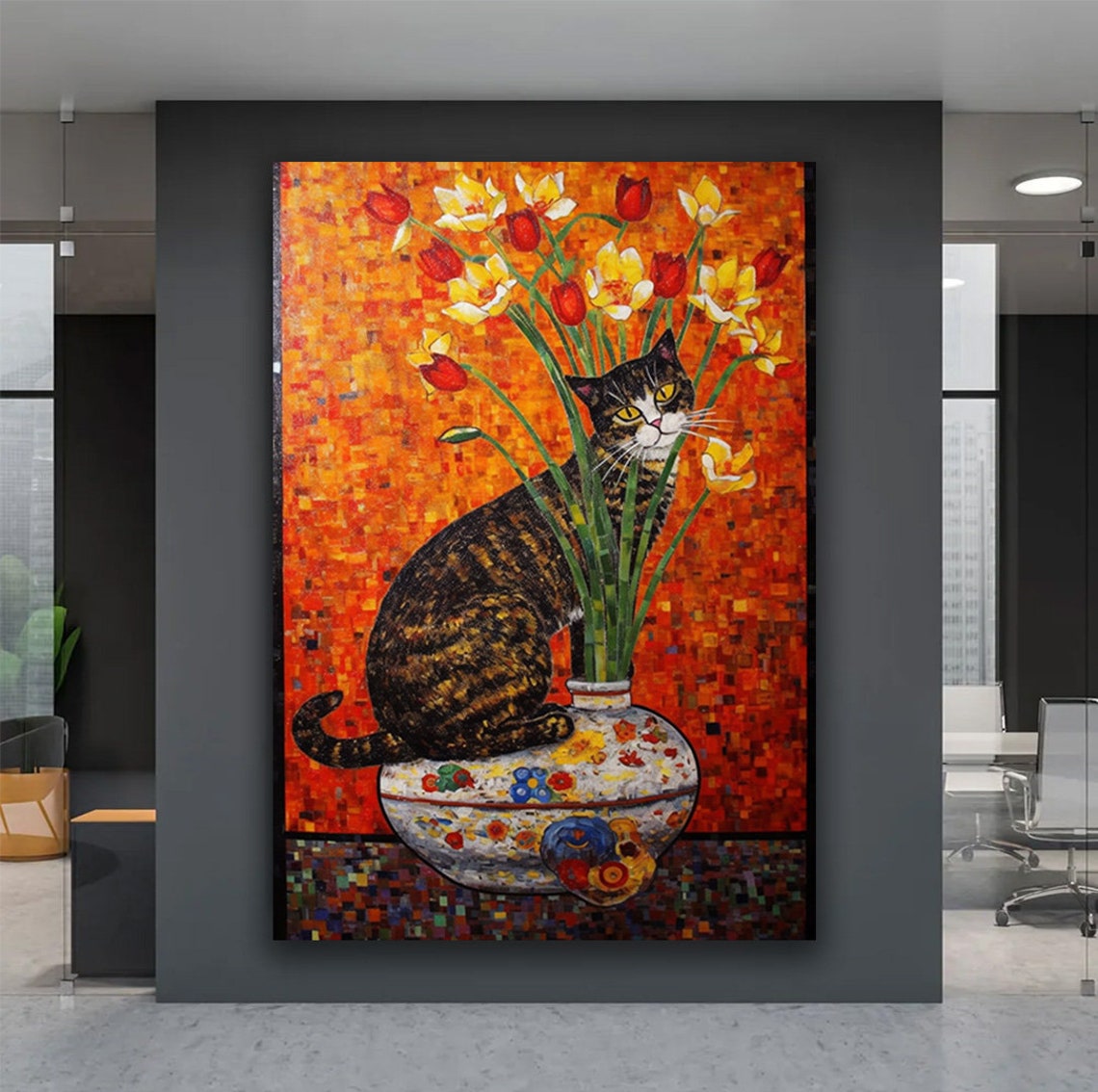Cat On Flower Vase Tulips Mosaic Orange Background Art Poster - Image 5
