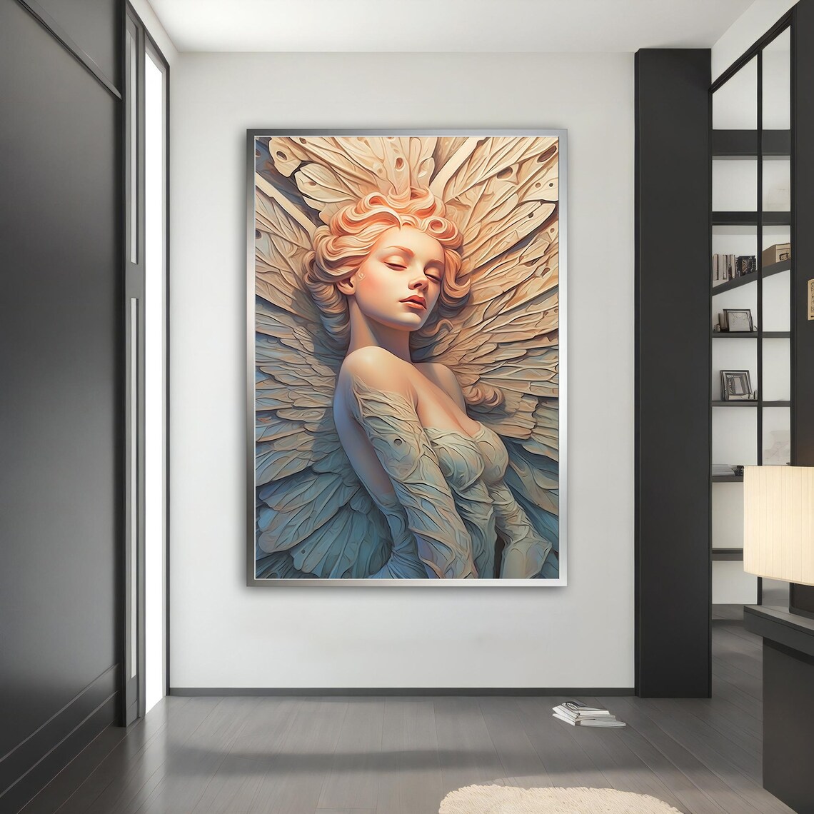 Serene Angel Woman Giant Feather Wings Cream Blue Wall Art Print - Image 4