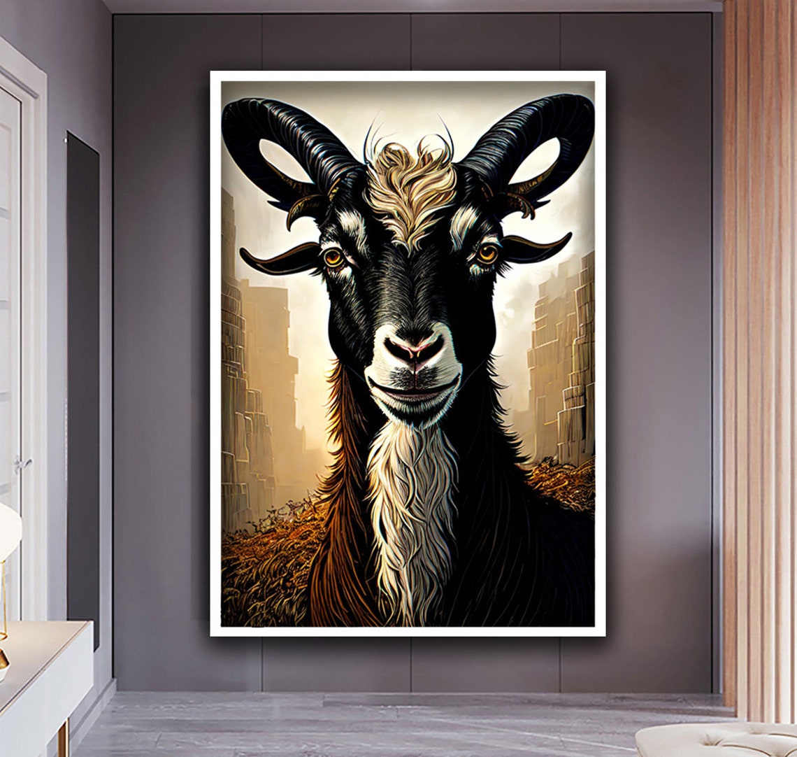 Black Goat Portrait with Curved Horns Golden Beard Farm Animal Poster - Image 3