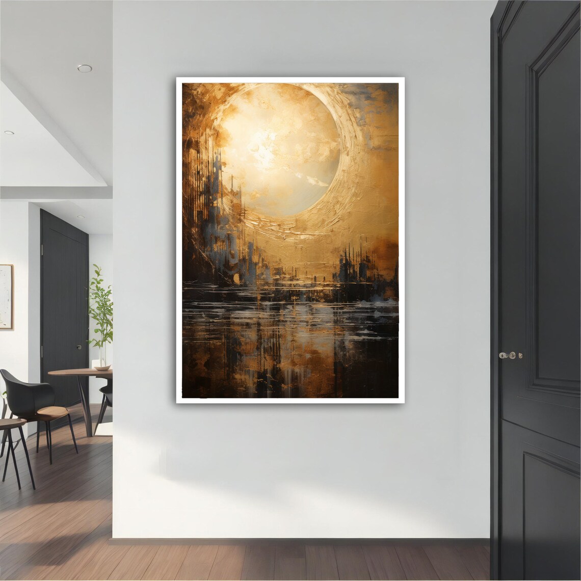 Golden Moon over Dark Water Abstract City Reflection Art Poster - Image 4