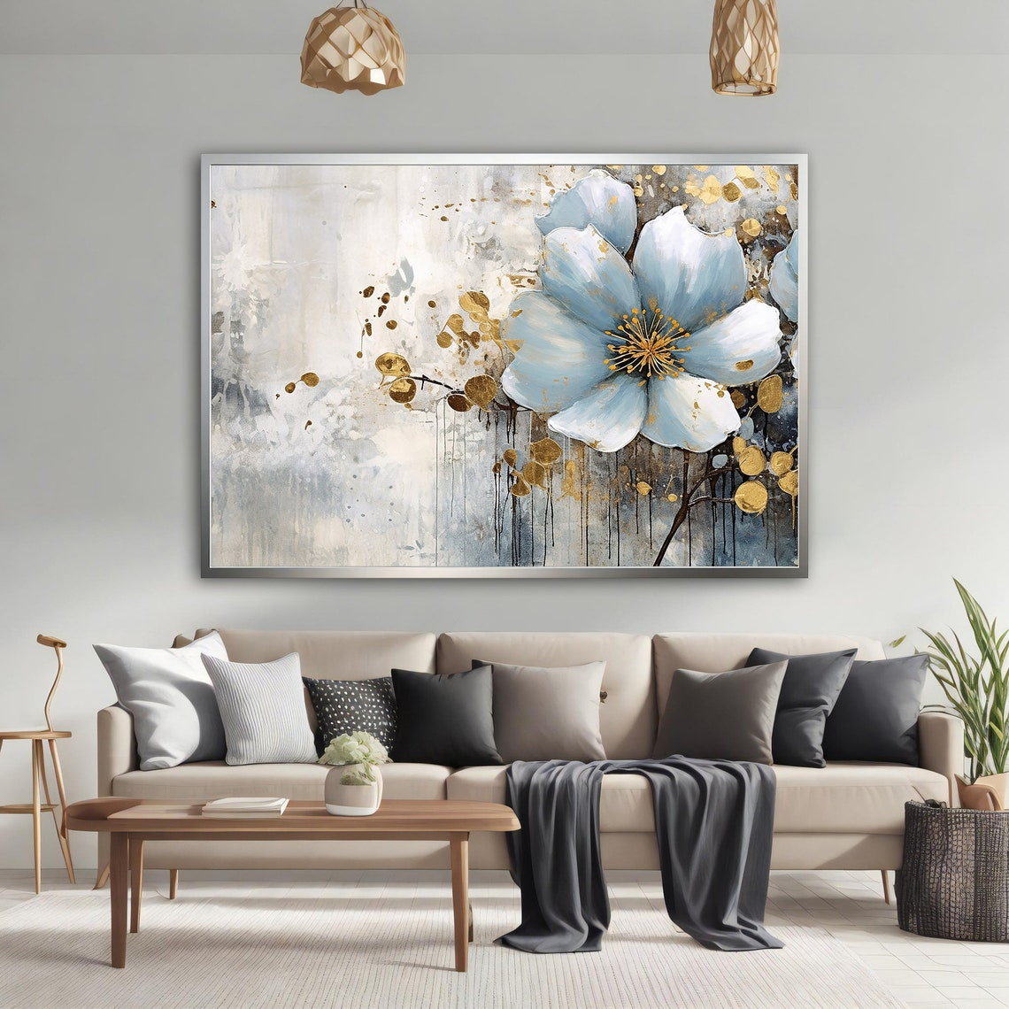 Grey White Bloom Gold Accents Soft Impressionistic Floral Poster - Image 4