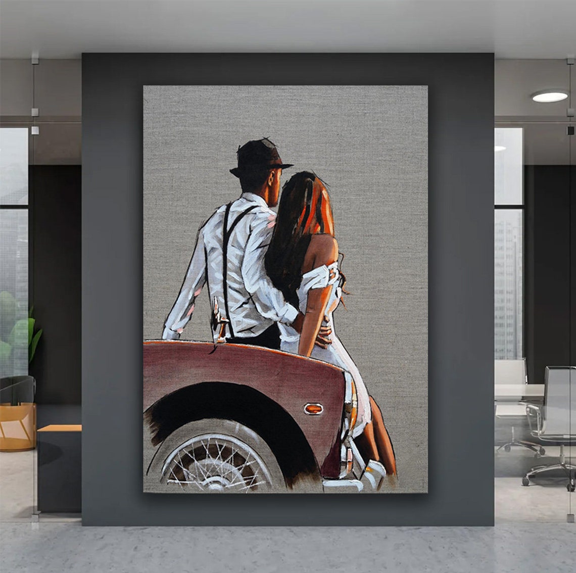 Retro Style Couple Leaning on Vintage Red Car Romantic Art Print