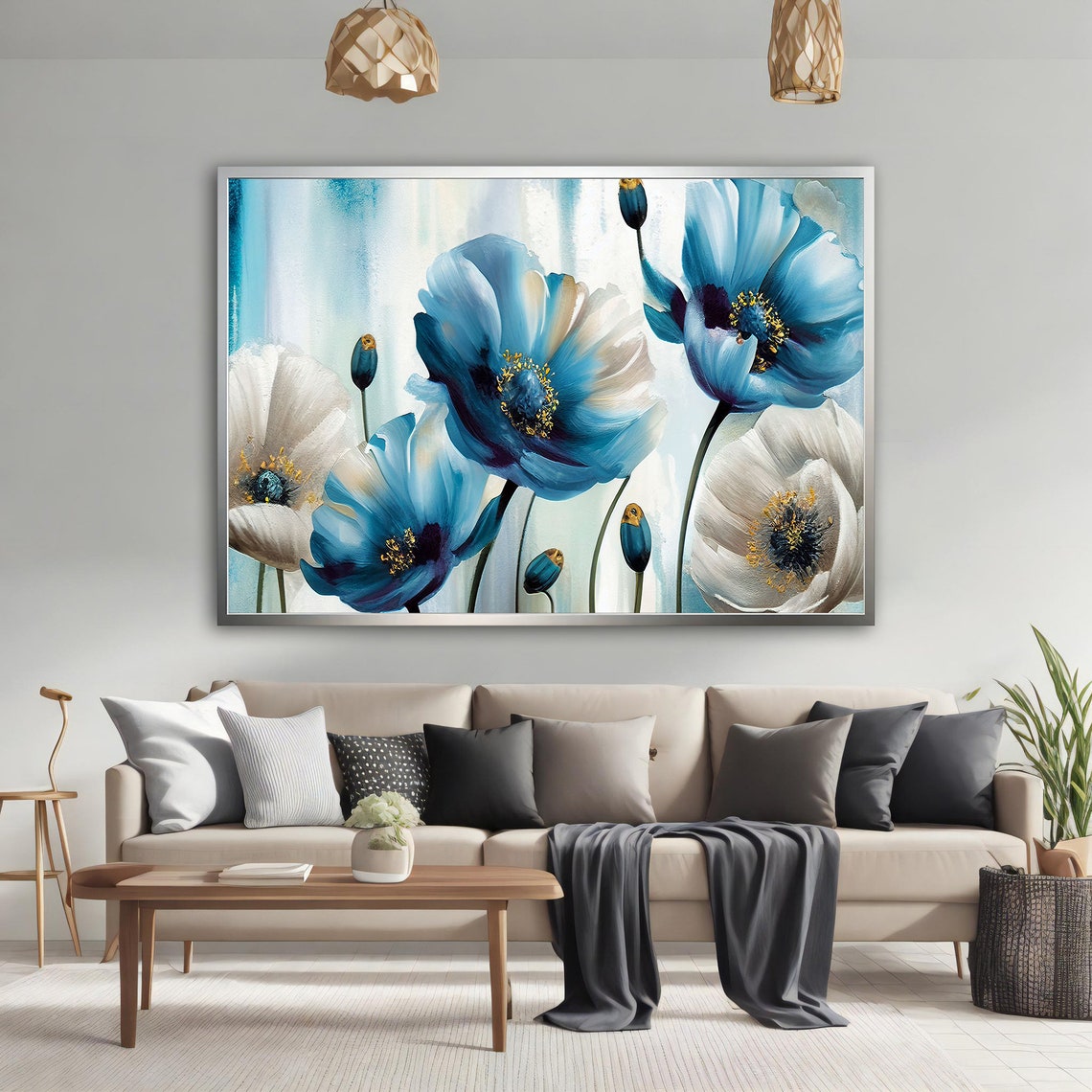 Blue White Poppy Flowers Gold Centers Bright Fresh Floral Poster