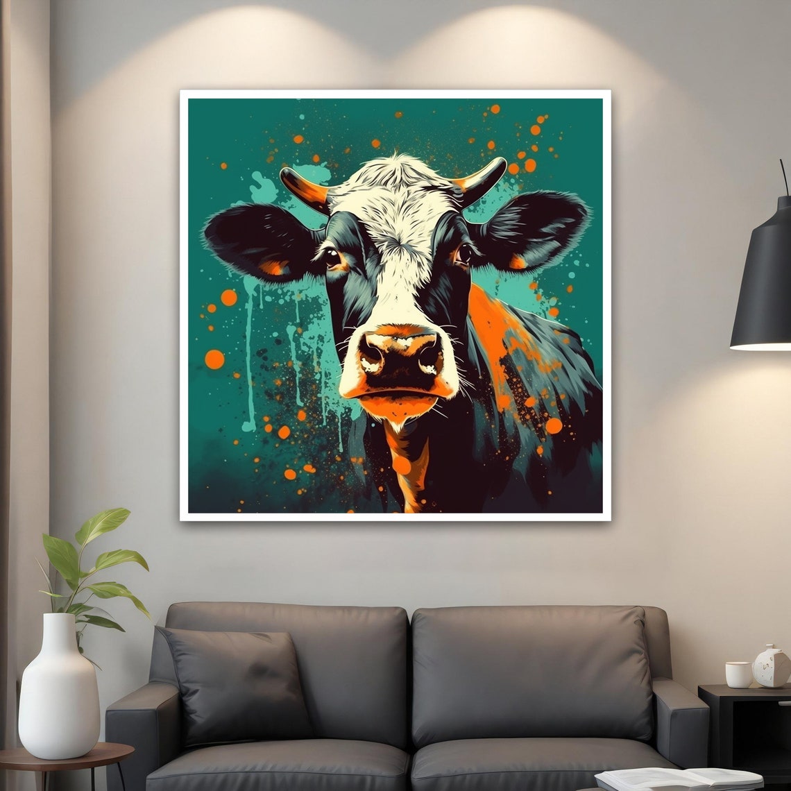 Stylish Cow Portrait Teal Background Paint Splash Modern Farm Poster - Image 5