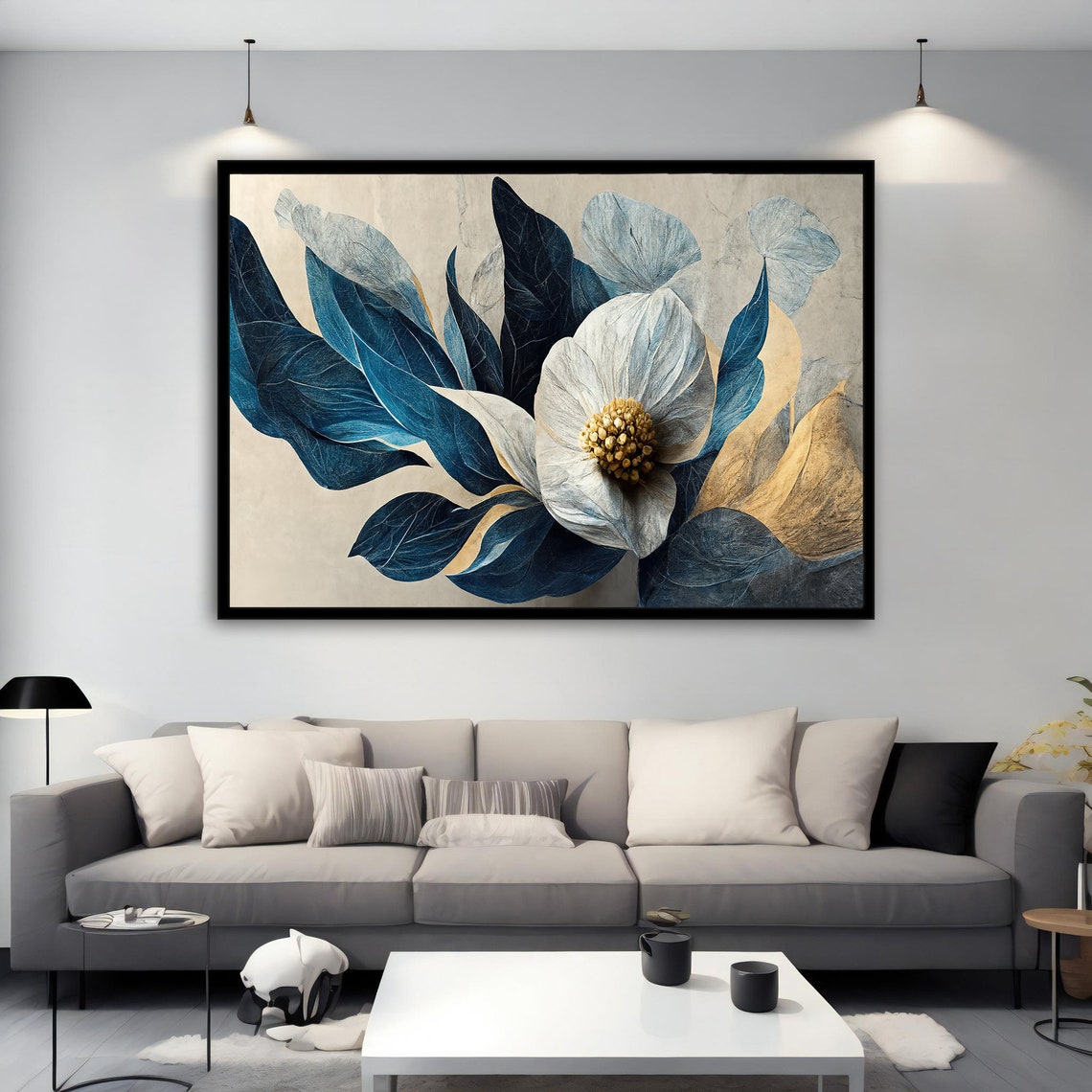 White Orchid Gold Center Navy Leaves Botanical Floral Poster