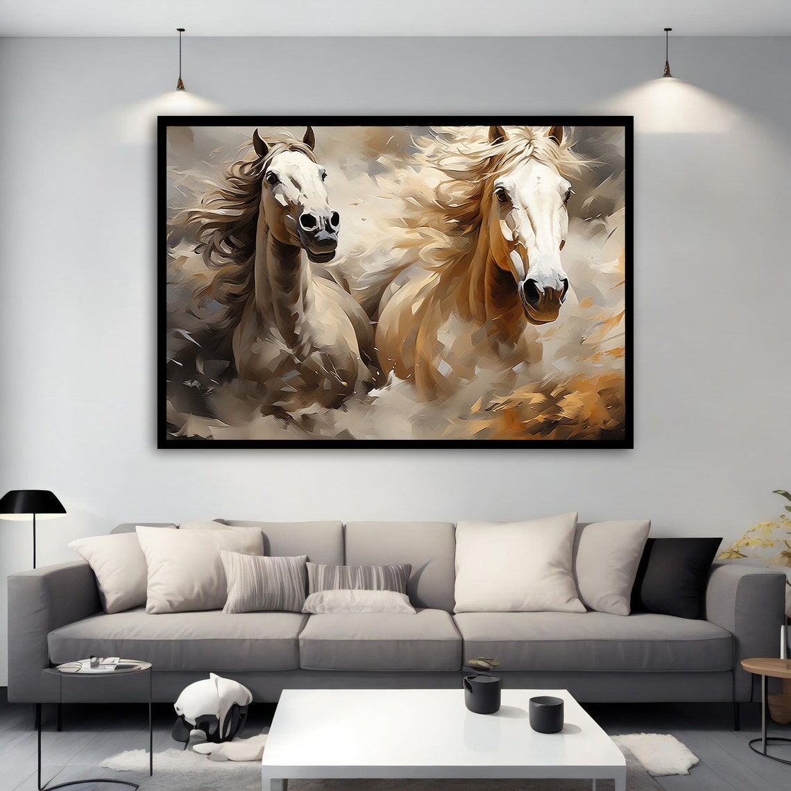Two Galloping Horses Flowing Manes Dynamic Equine Painting Poster - Image 2