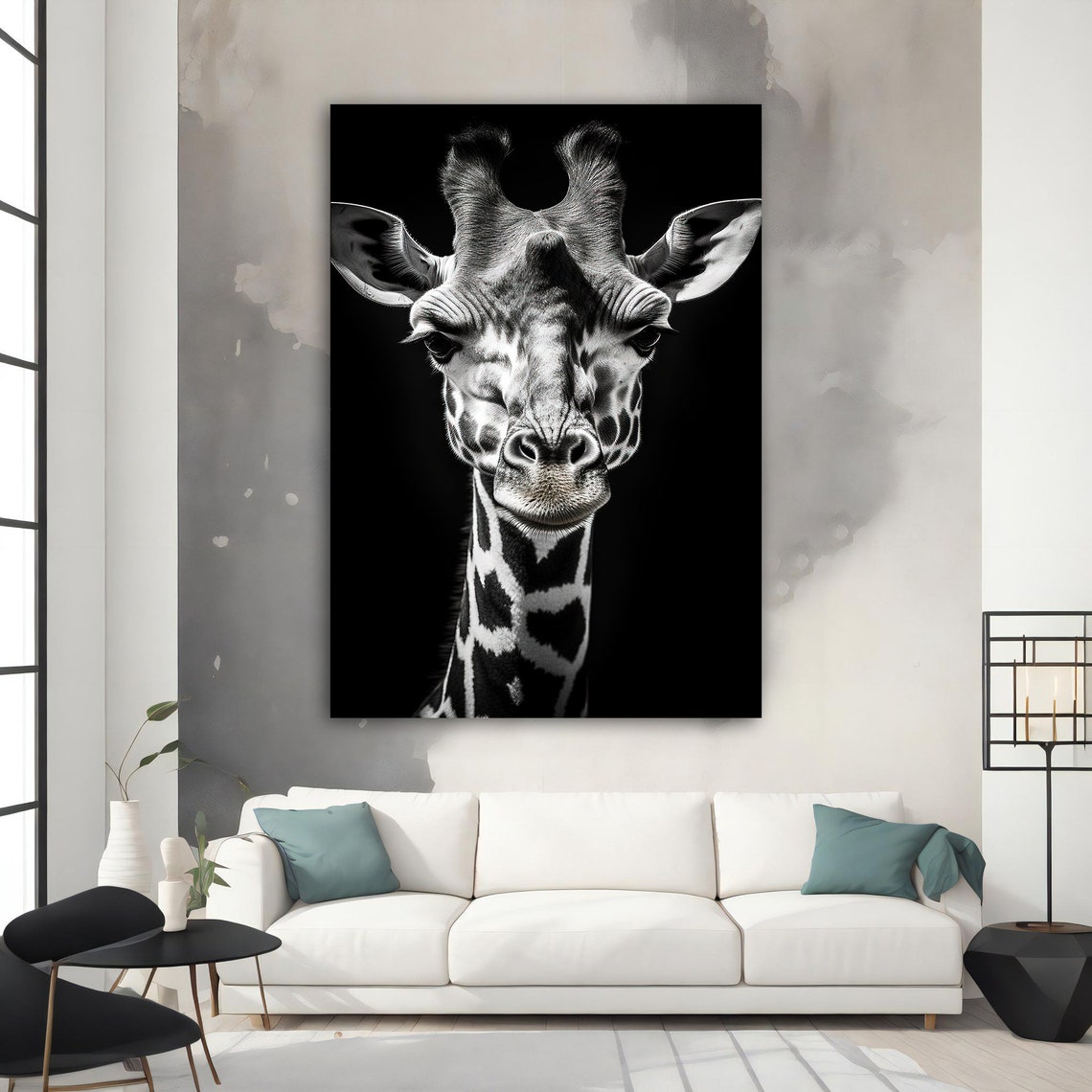 Black and White Giraffe Close Up Portrait Dark Background Print - Image 3