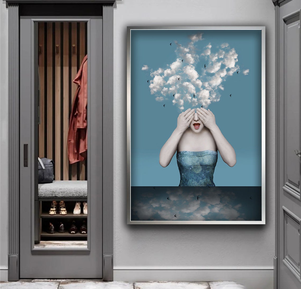 Surreal Woman Cloud Head Birds Dreamy Fantasy Portrait Wall Art - Image 4