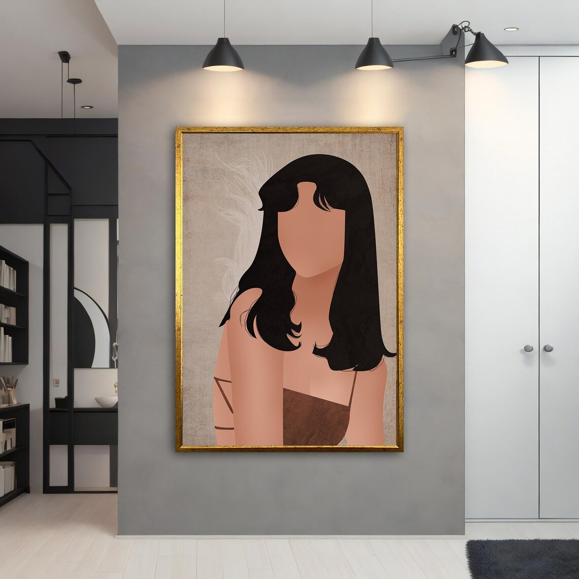 Minimalist Faceless Woman Black Hair Beige Neutral Portrait Wall Art - Image 5