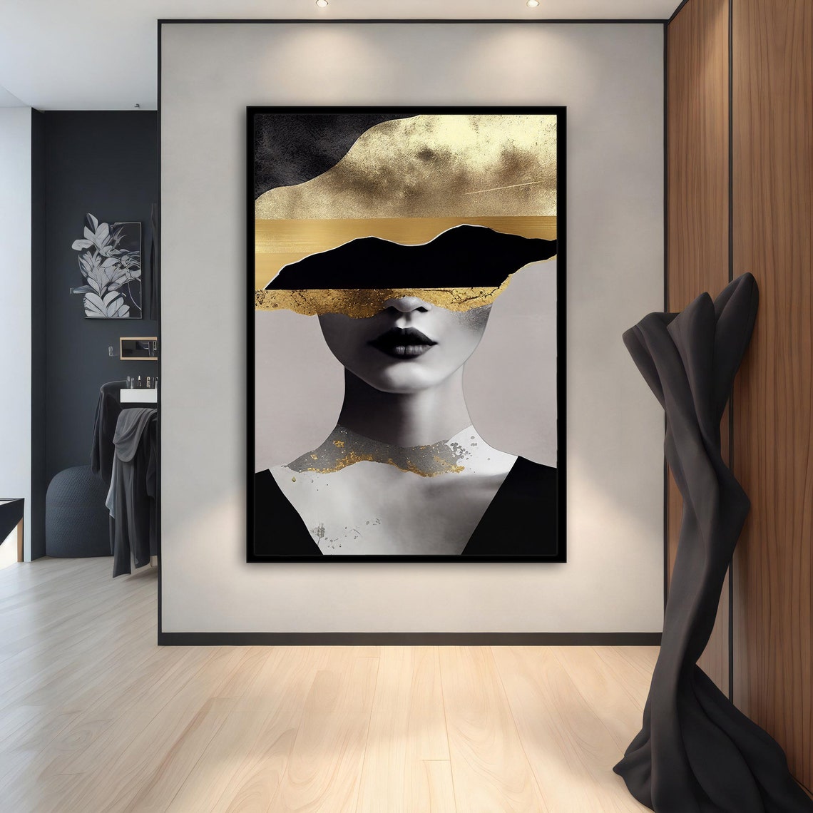 Black White Woman Gold Eye Band Abstract Elegant Portrait Wall Art - Image 3