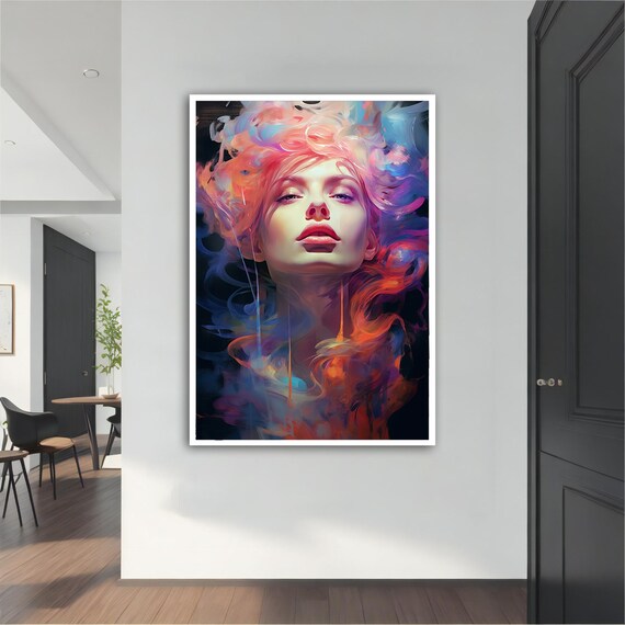 Dreamy Woman Pink Blue Smoke Hair Ethereal Portrait Wall Art Print