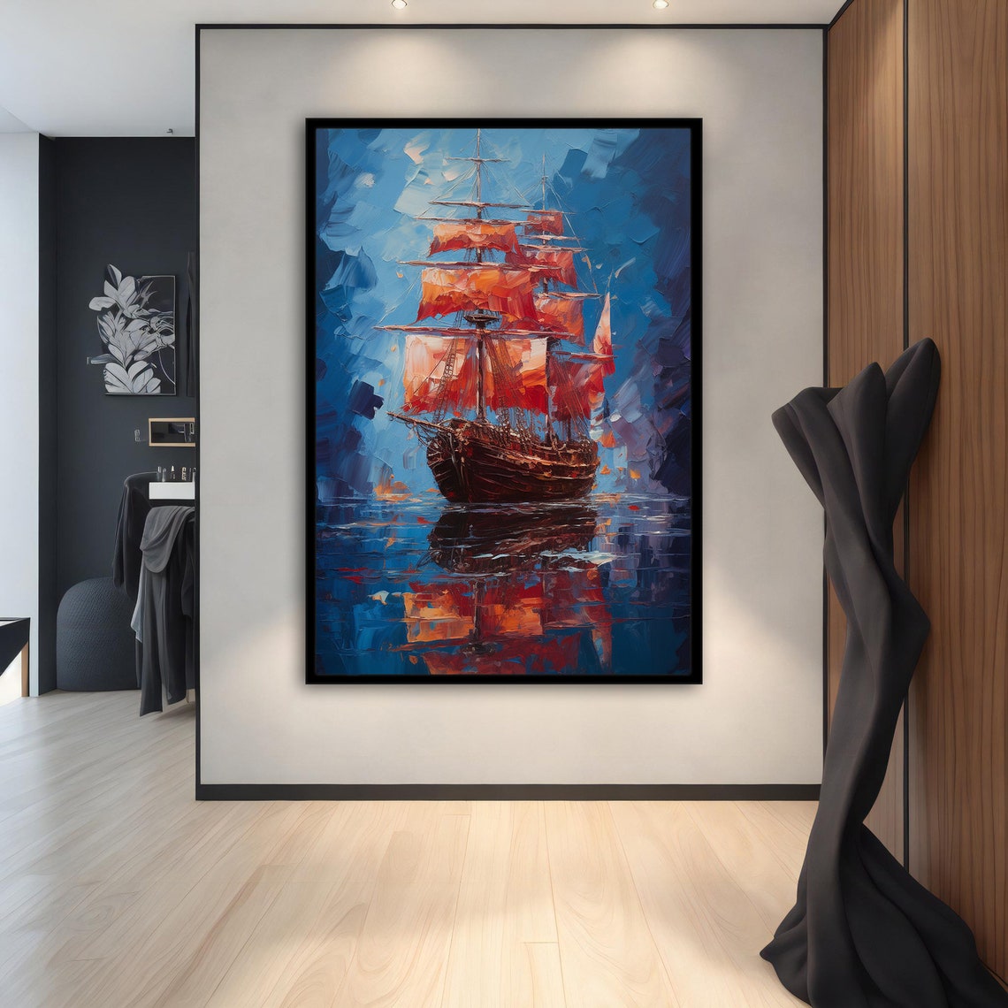 Tall Ship Red Sails Oil Painting Dramatic Deep Blue Sea Art Poster - Image 2