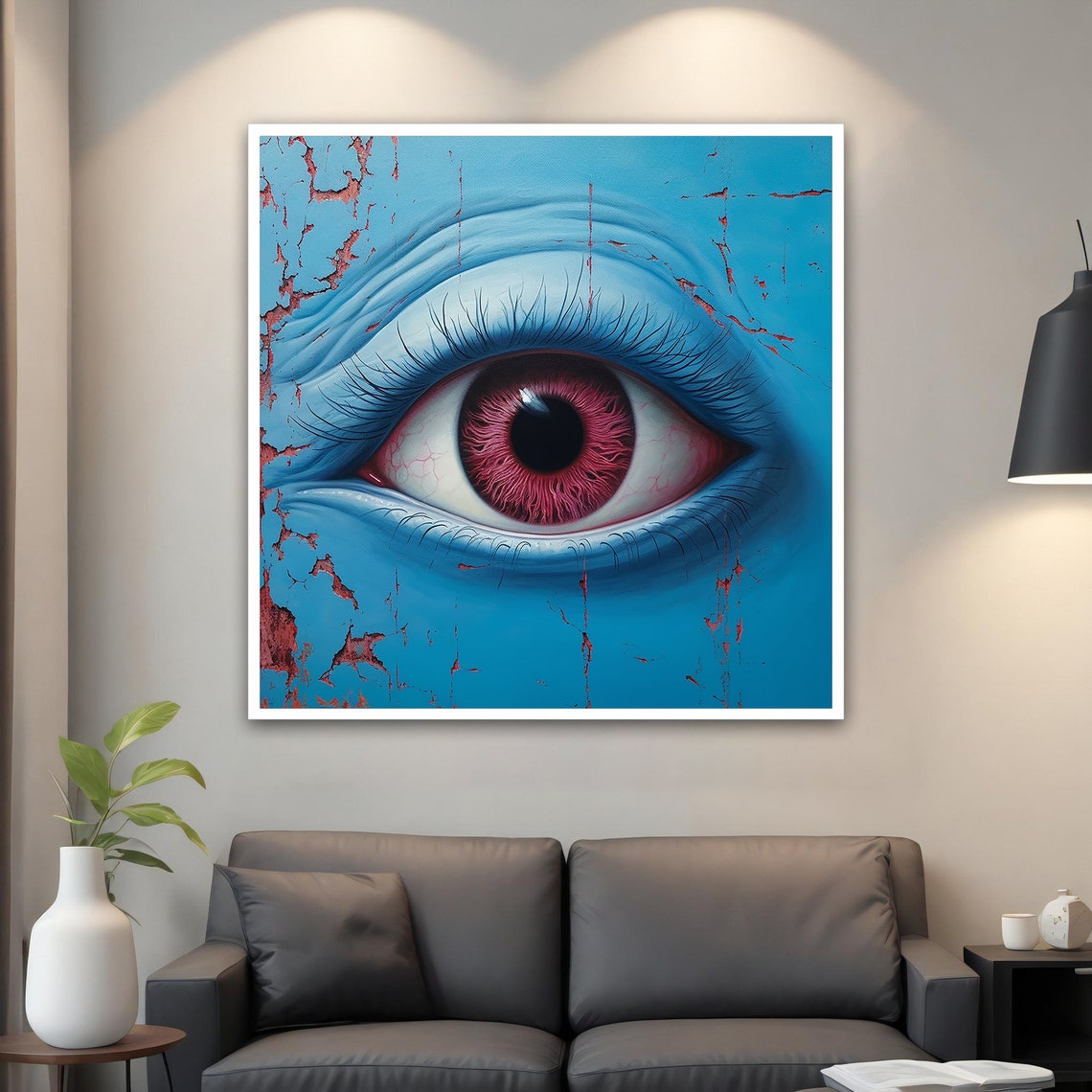 Giant Red Eye on Cracked Blue Skin Surreal Abstract Wall Art Poster - Image 3