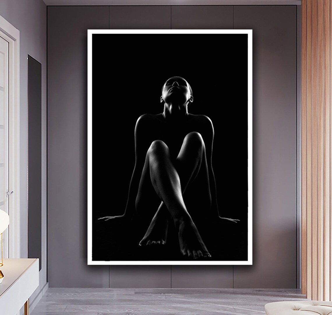 Black And White Nude Woman Seated Dramatic Low Key Silhouette Art Poster - Image 5