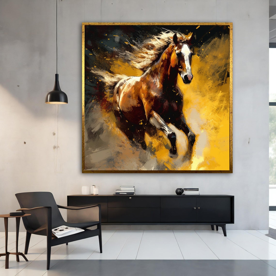 Galloping Brown Horse Golden Splash Dynamic Equestrian Art Poster - Image 3