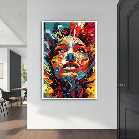 Fiery Abstract Woman Face Colorful Swirl Modern Portrait Wall Art