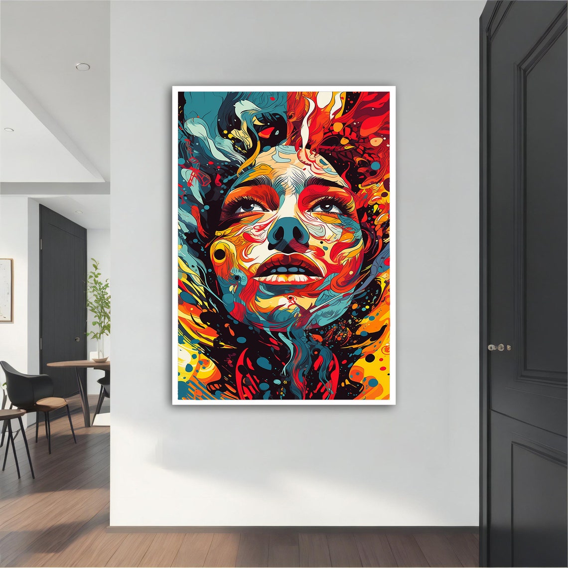 Fiery Abstract Woman Face Colorful Swirl Modern Portrait Wall Art