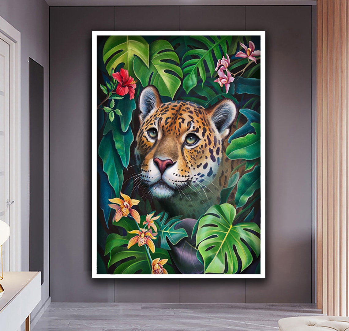 Jaguar in Tropical Leaves Orchids Lush Jungle Animal Art Poster