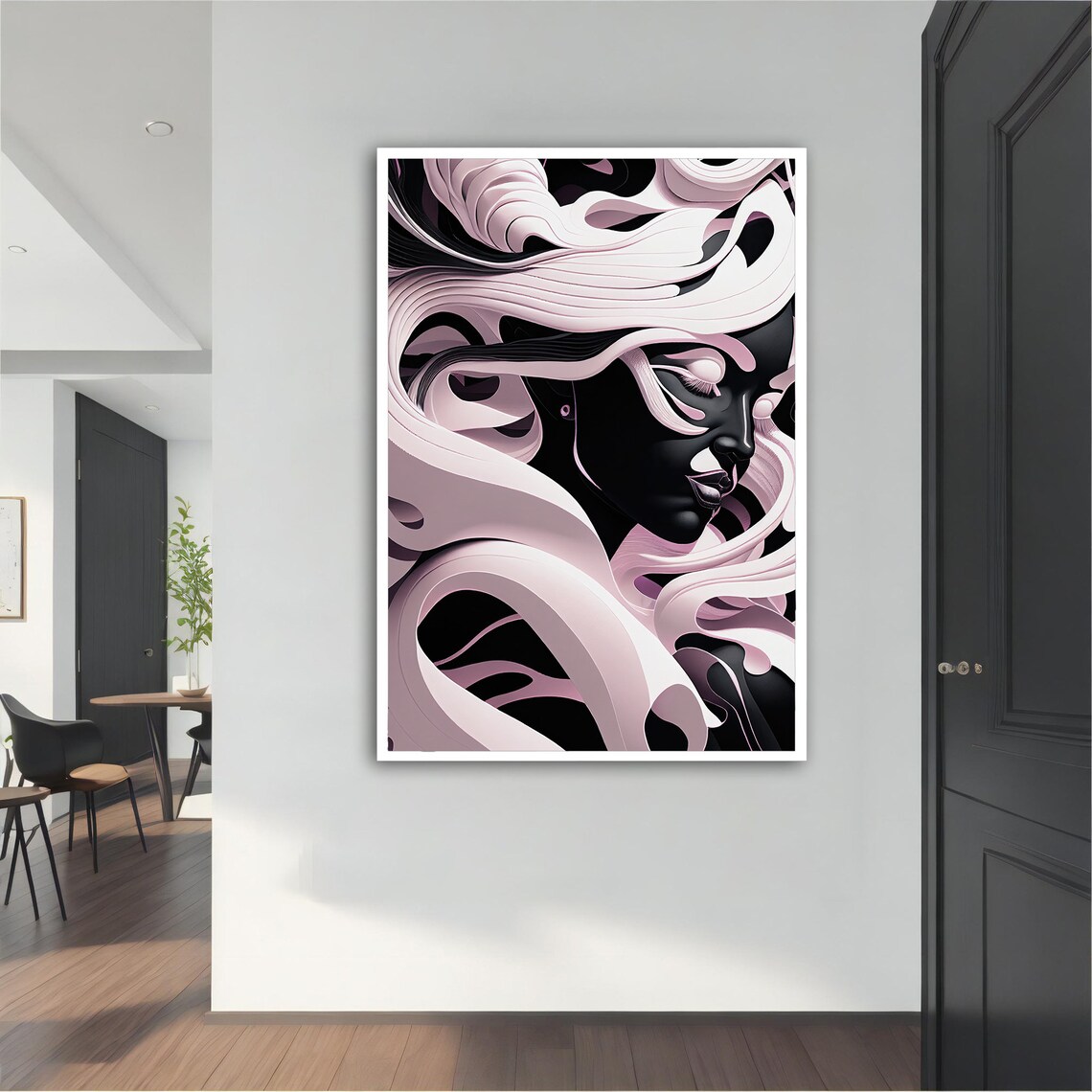 Surreal White Ribbon Woman Portrait Elegant Black Background Art Poster