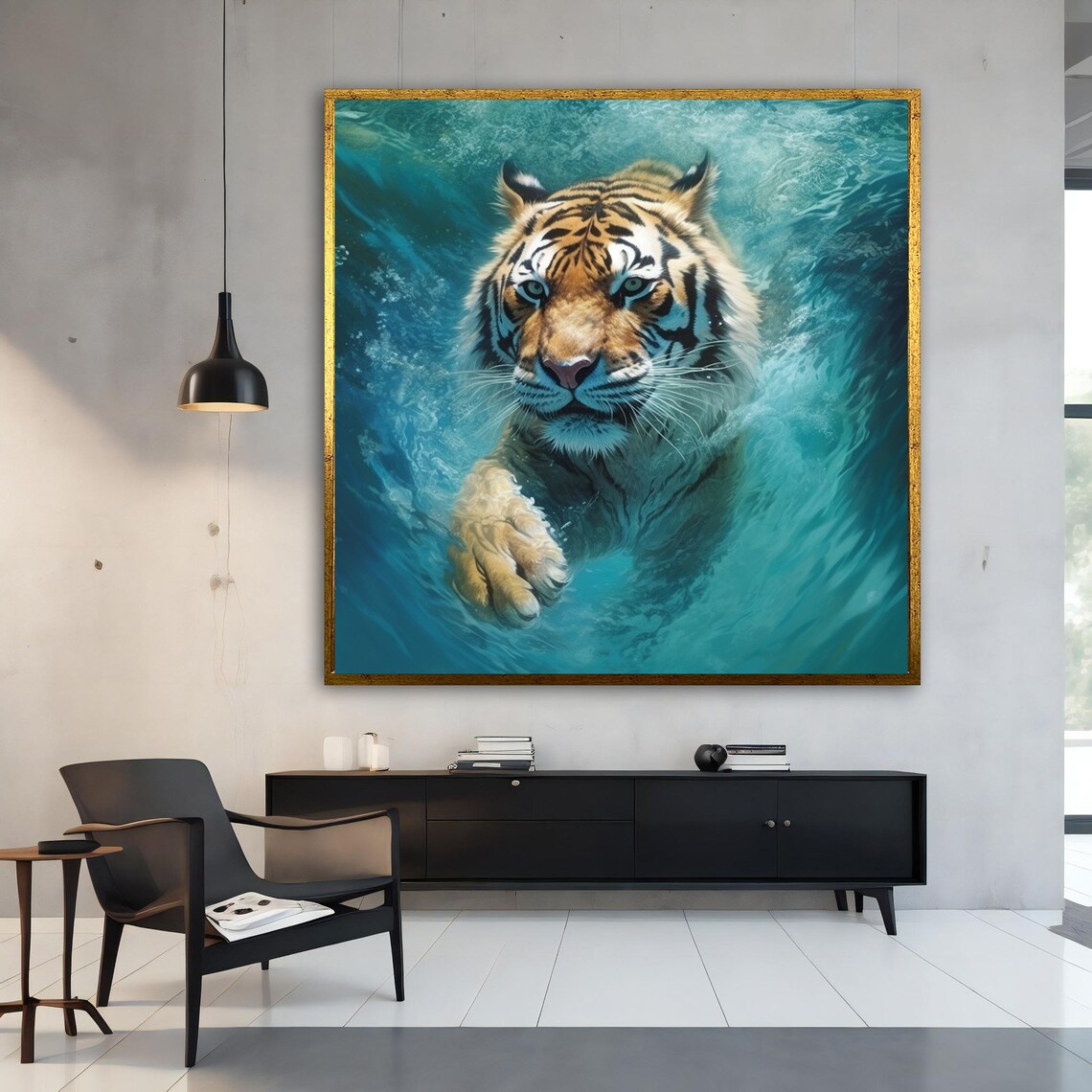 Tiger Swimming Underwater Turquoise Waves Powerful Wildlife Art Wall Poster - Image 2
