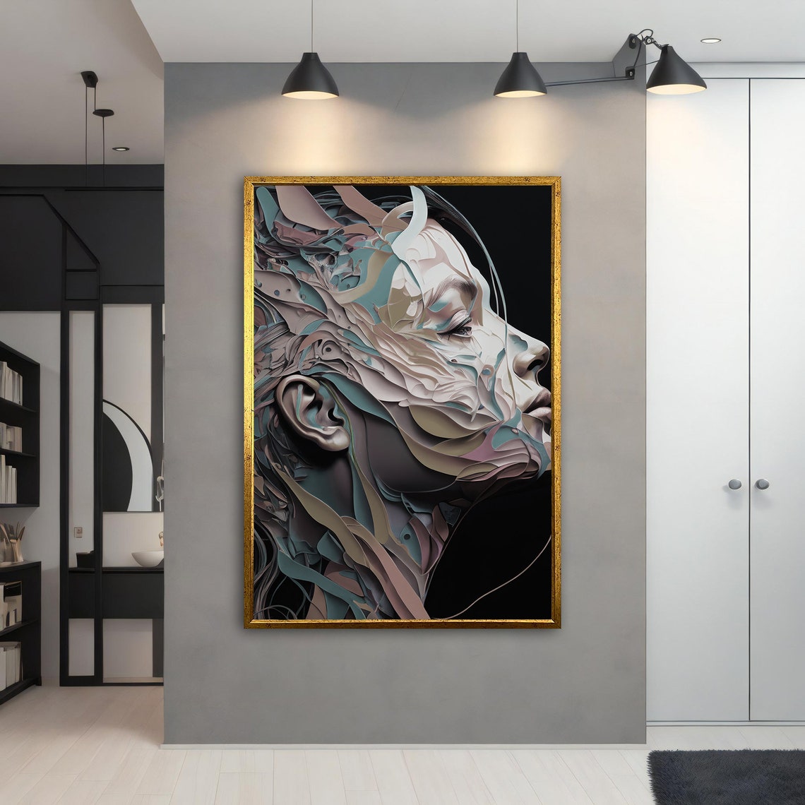 Grey Surreal Layered Fragment Woman Profile Modern Abstract Art Poster - Image 4