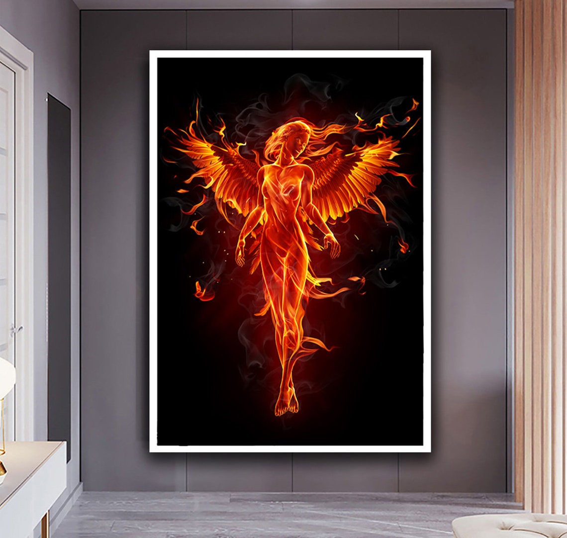 Fire Angel Woman Phoenix Wings Flames Dark Fantasy Art Poster - Image 4