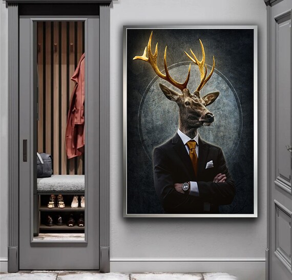 Gentleman Stag in Suit Golden Antlers Funny Animal Office Poster