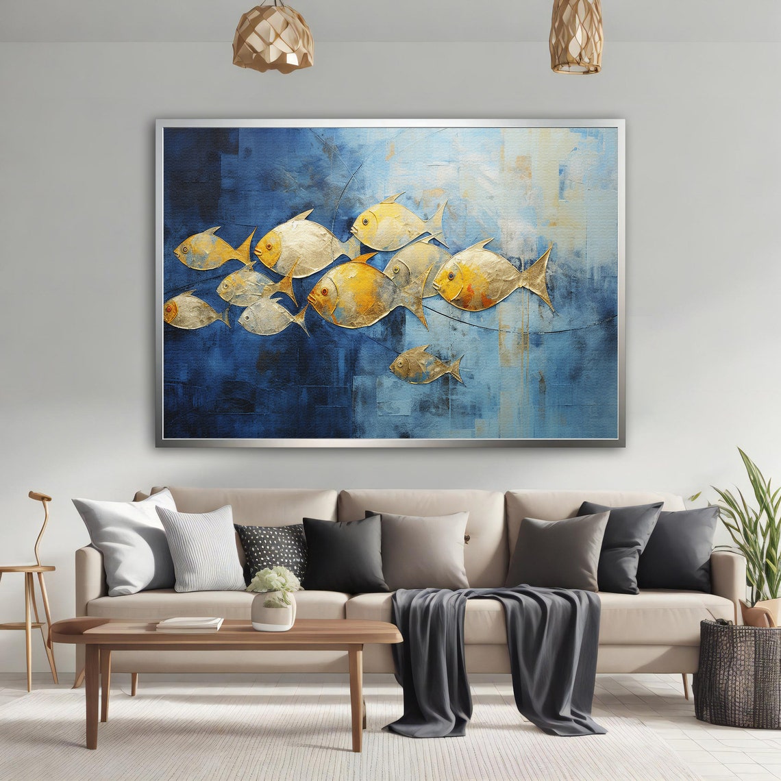 School of Golden Fish Swimming on Deep Blue Abstract Sea Art Poster - Image 4