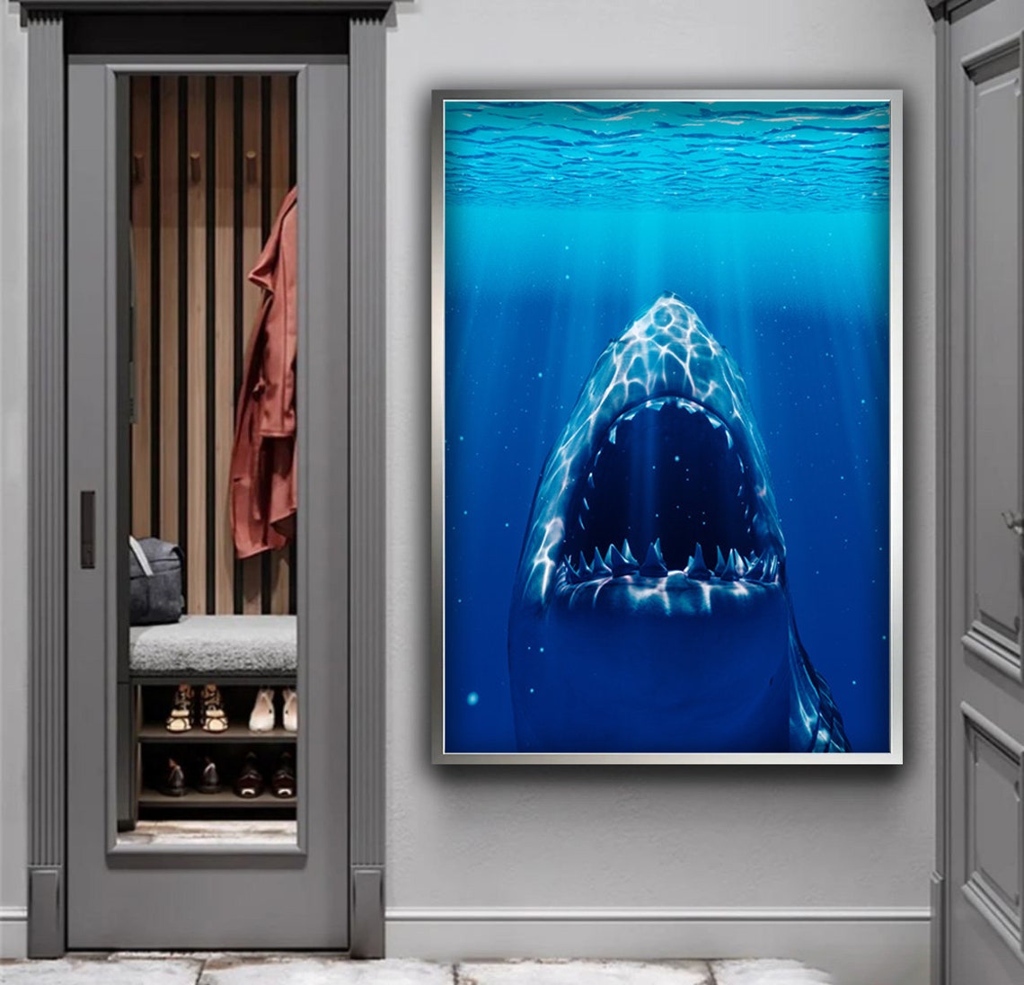 Great White Shark Open Jaws Deep Blue Ocean Wildlife Wall Art - Image 4