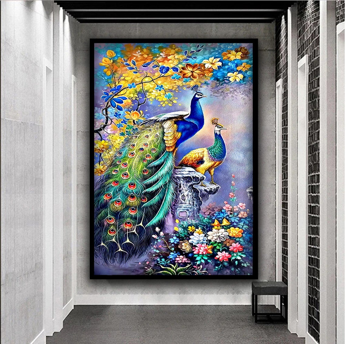 Two Colorful Peacocks Lush Garden Flowers Vibrant Bird Poster