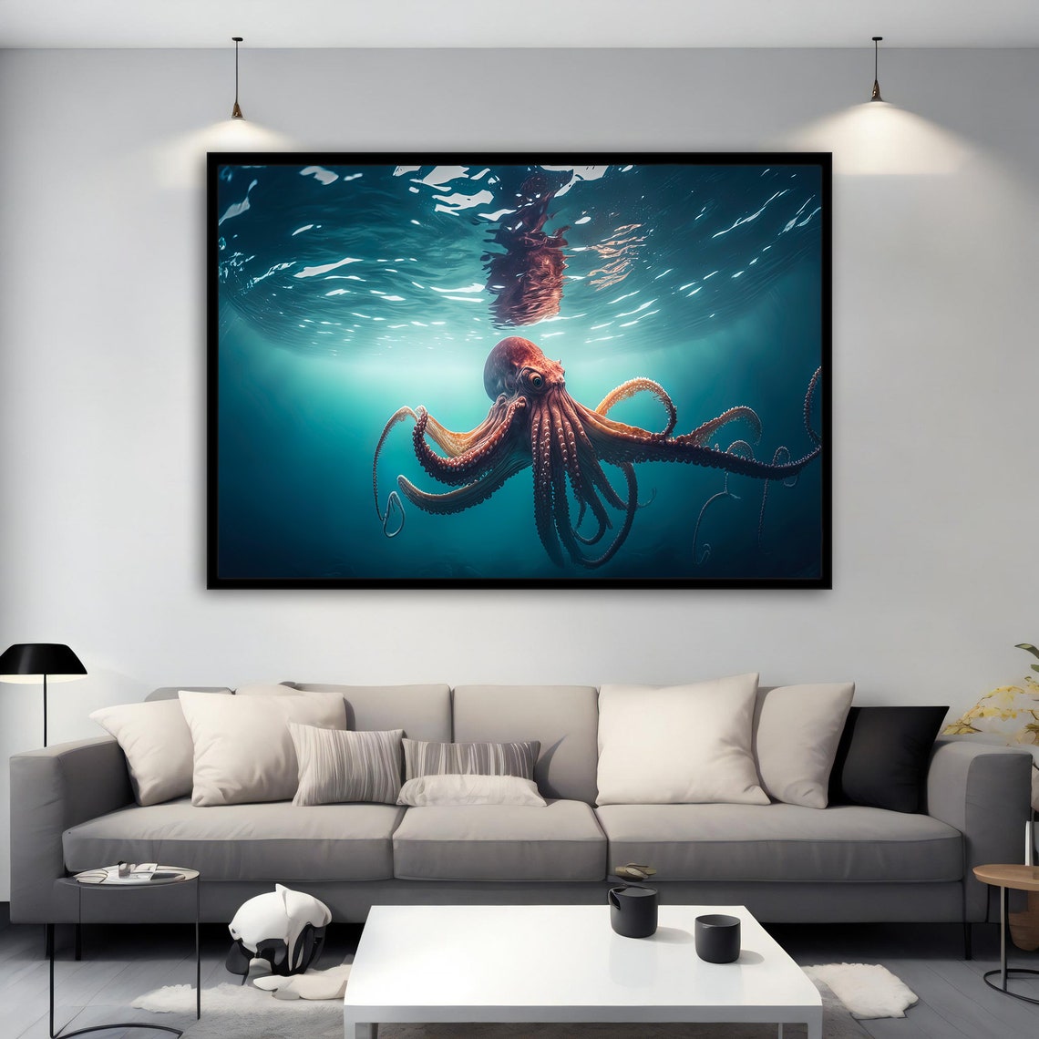 Red Octopus Underwater Deep Blue Ocean Sea Life Wall Art Poster
