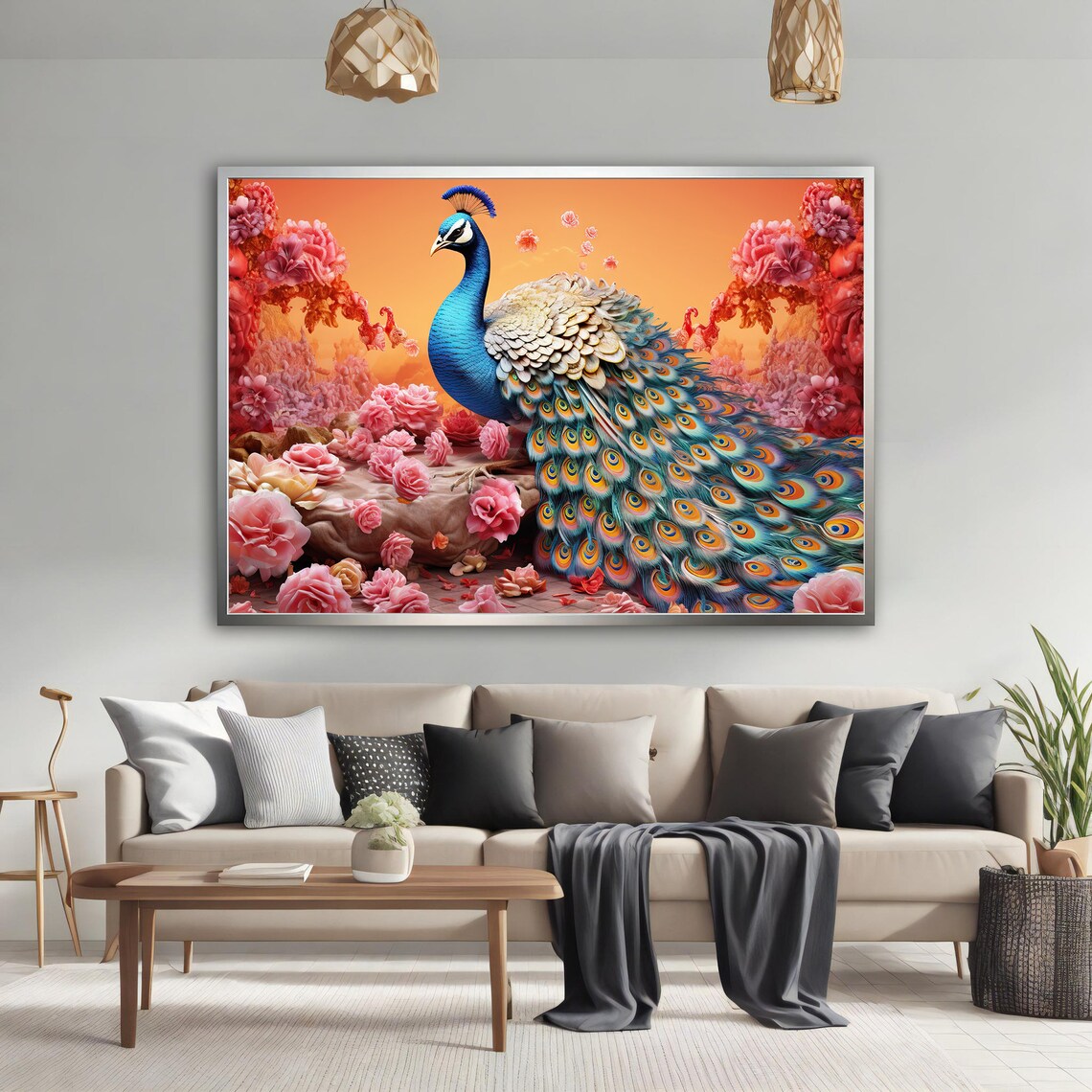 Painting Of Peacock In Pink Roses Floral Peacock Painting Print On Framed Wall Blue Animal Art Artistic Bird Painting