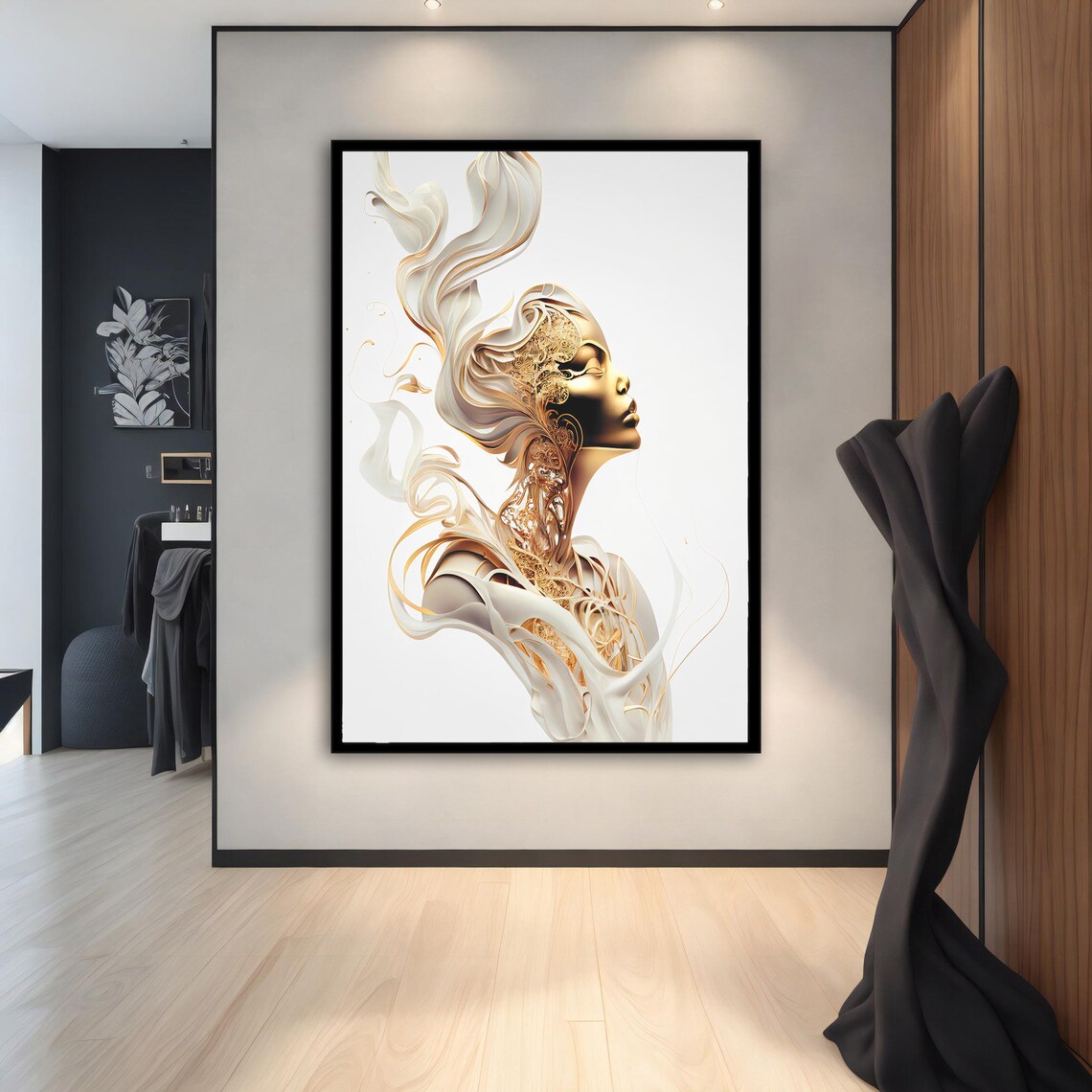 Gold Surreal Woman Profile Ivory Ribbon Luxury Elegant Modern Art Poster - Image 4