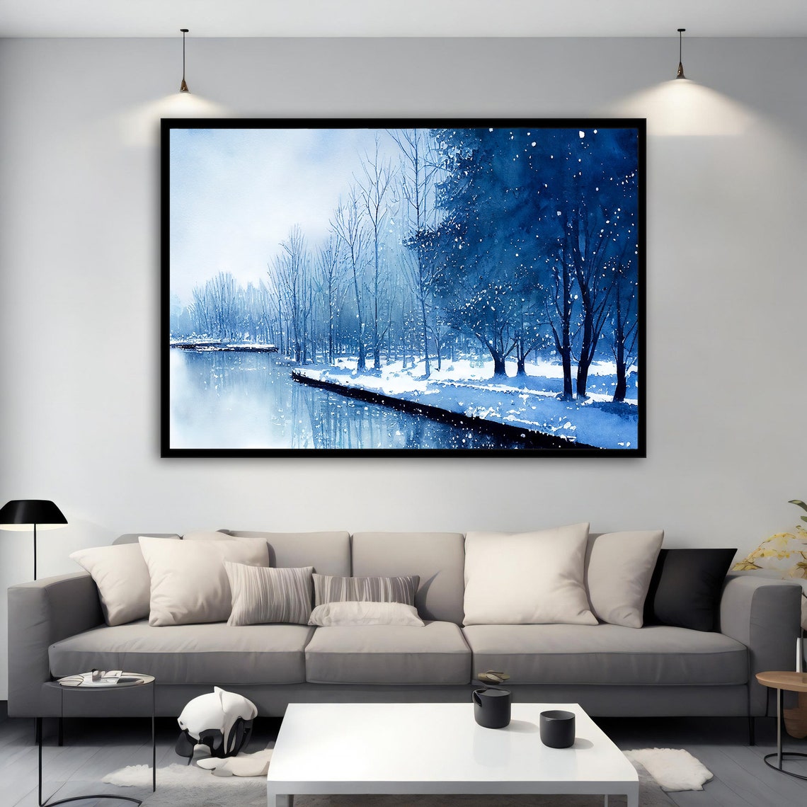 Blue Winter Landscape Snowy River Forest Monochrome Art Poster - Image 2