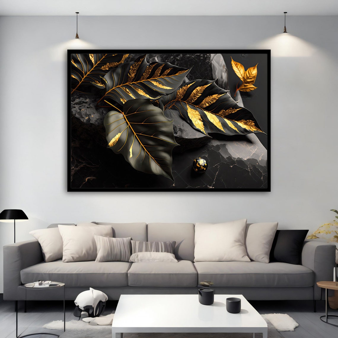 Black Gold Veined Leaves Marble Luxe Modern Botanical Poster - Image 2