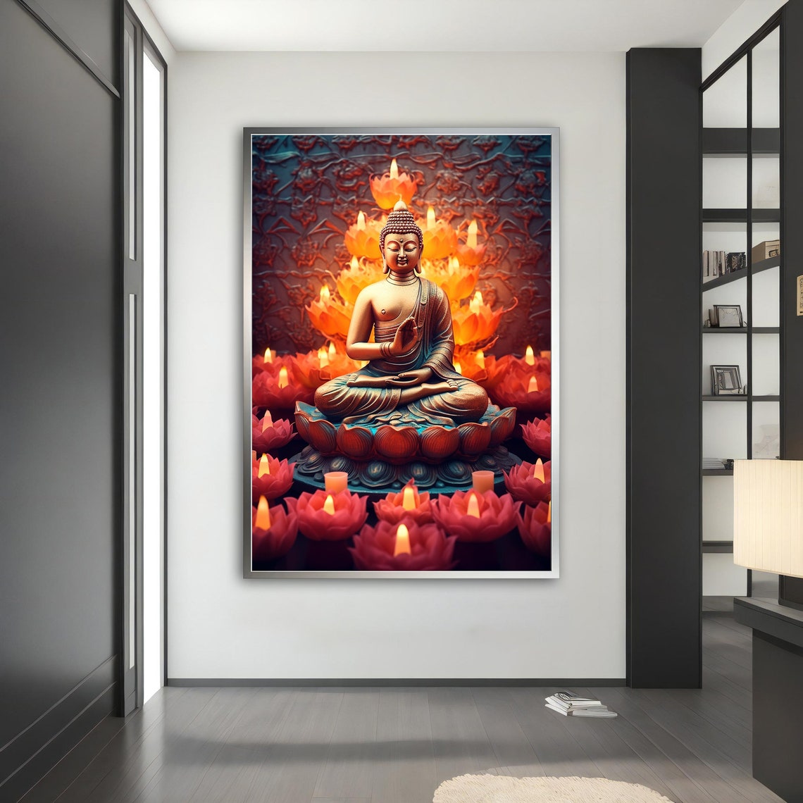 Bronze Buddha Lotus Throne Red Candles Dark Asian Art Poster - Image 5