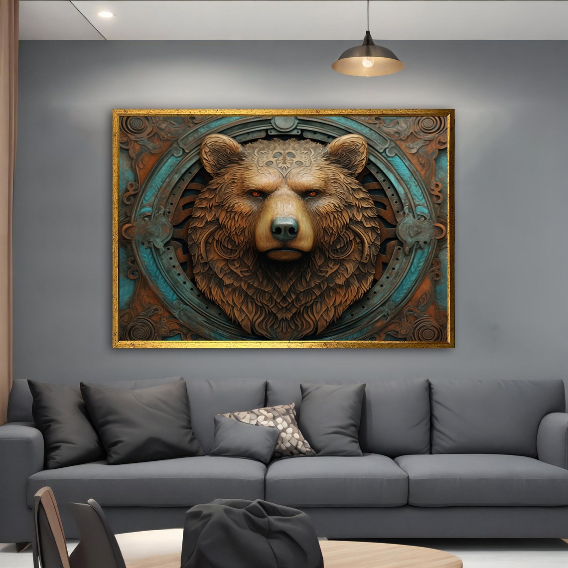 Steampunk Bear Head Medallion Copper Teal Ornate Wildlife Art Poster