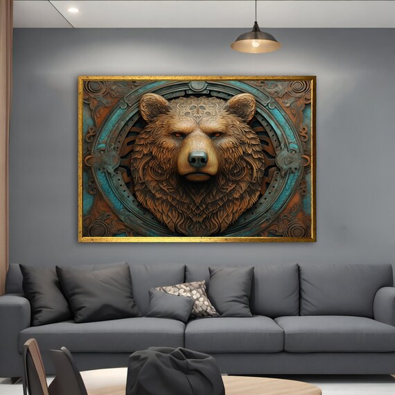 Steampunk Bear Head Medallion Copper Teal Ornate Wildlife Art Poster