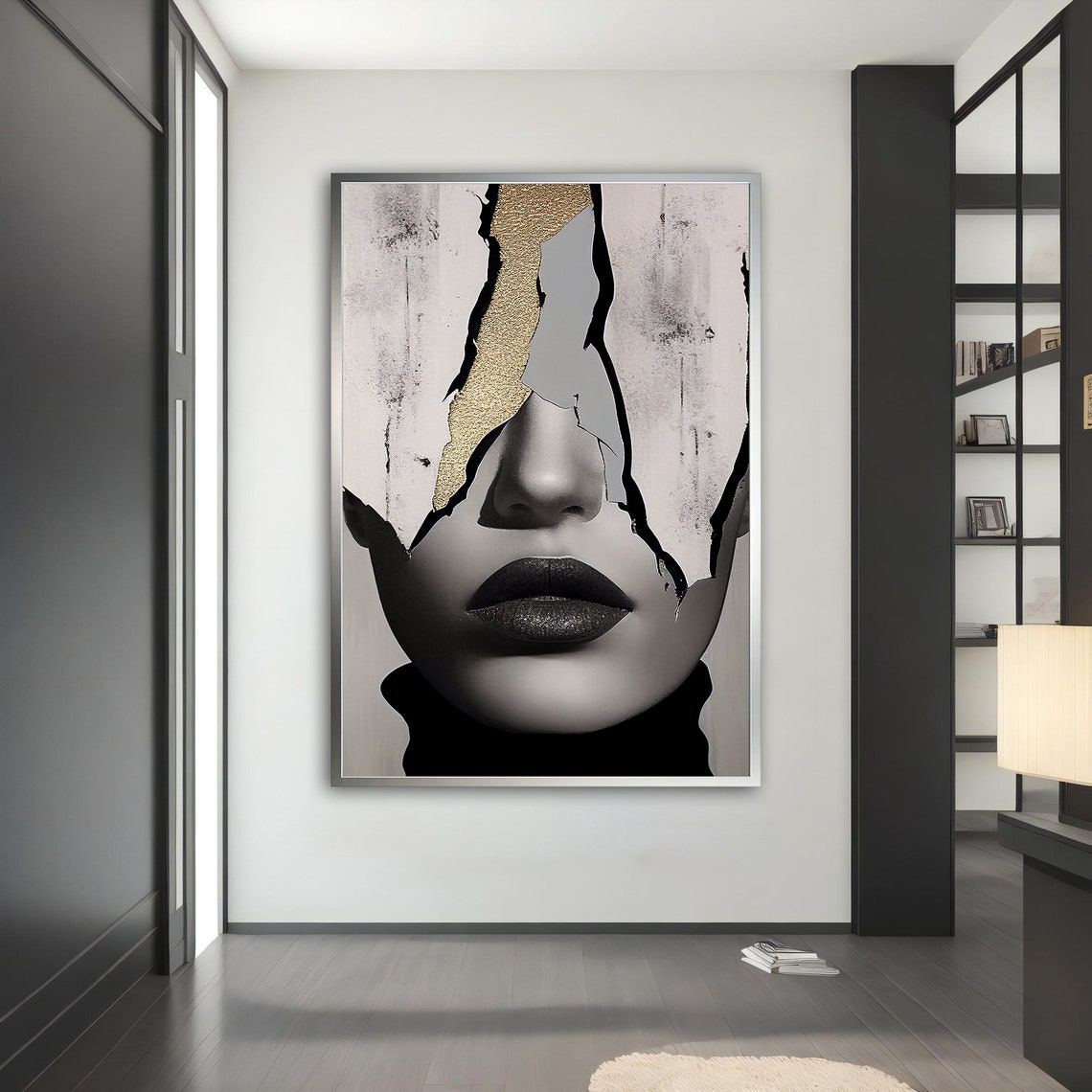 Surreal Cracked Face Woman Gold Leaf Black White Portrait Wall Art - Image 2